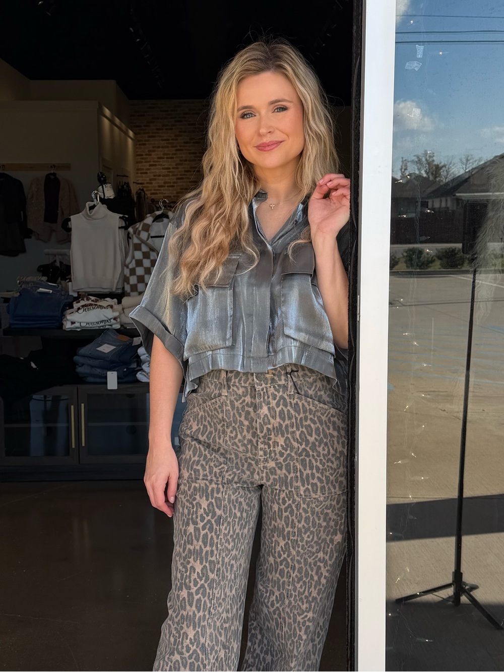 Shimmer Metallic Grey Boxy Button Down Boutique Blouse - Picture 8 of 10
